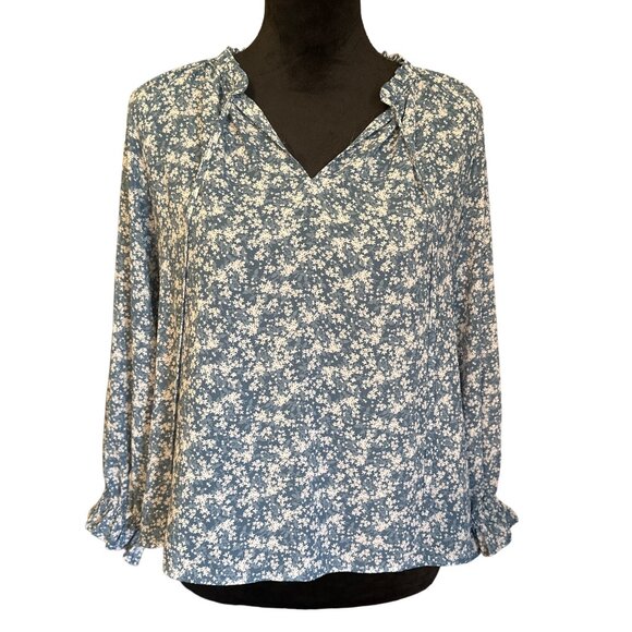 💖LOFT XS Blue Floral Ruffle Collar Peplum Blouse - Picture 1 of 7